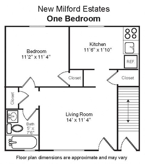 Floor plan for 1 bed, 1 bath